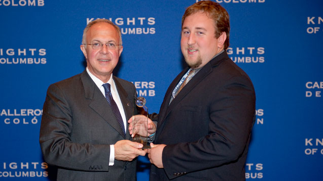 Supreme Knight Carl A. Anderson congratulations Grand Knight Ryan Skrobarczyk of Texas A&M Council 10624 in College Station for achieving the 2010-11 Highest Net Gain in Insurance Membership Award. Supreme Knight Carl A. Anderson congratulations Grand Knight Ryan Skrobarczyk of Texas A&M Council 10624 in College Station for achieving the 2010-11 Highest Net Gain in Insurance Membership Award.