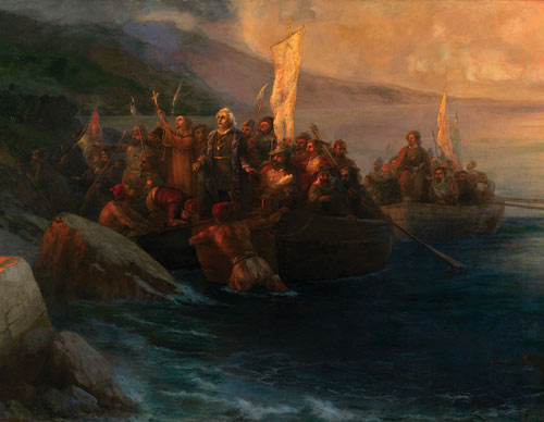 A painting depicts Christopher Columbus and shipmates landing at sunrise Oct. 12, 1492, on the island he named San Salvador.