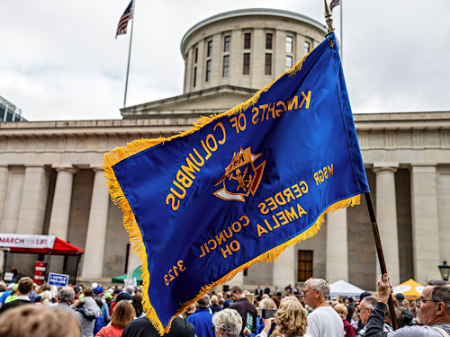 Knights representing Msgr. Gerdes Council 3123 in Amelia, Ohio, attend the Ohio March for Life rally in front of the Ohio Statehouse in Columbus Oct. 6
