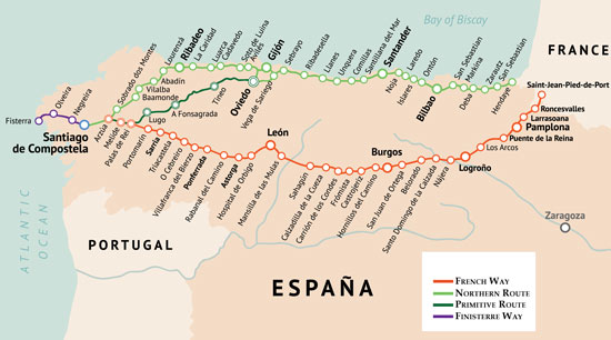 Routes of the Camino through northern Spain