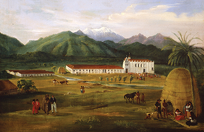 panoramic view of Mission San Gabriel circa 1832